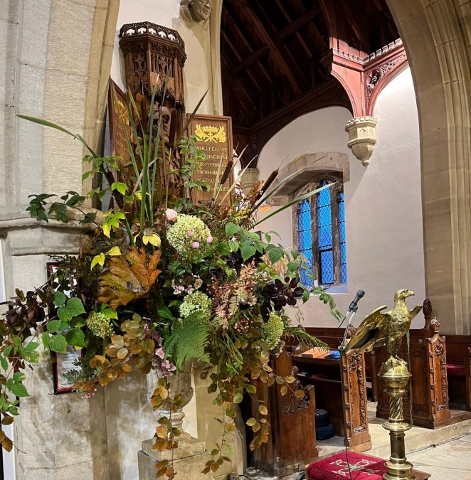 display of sustainable flowers in coverham church